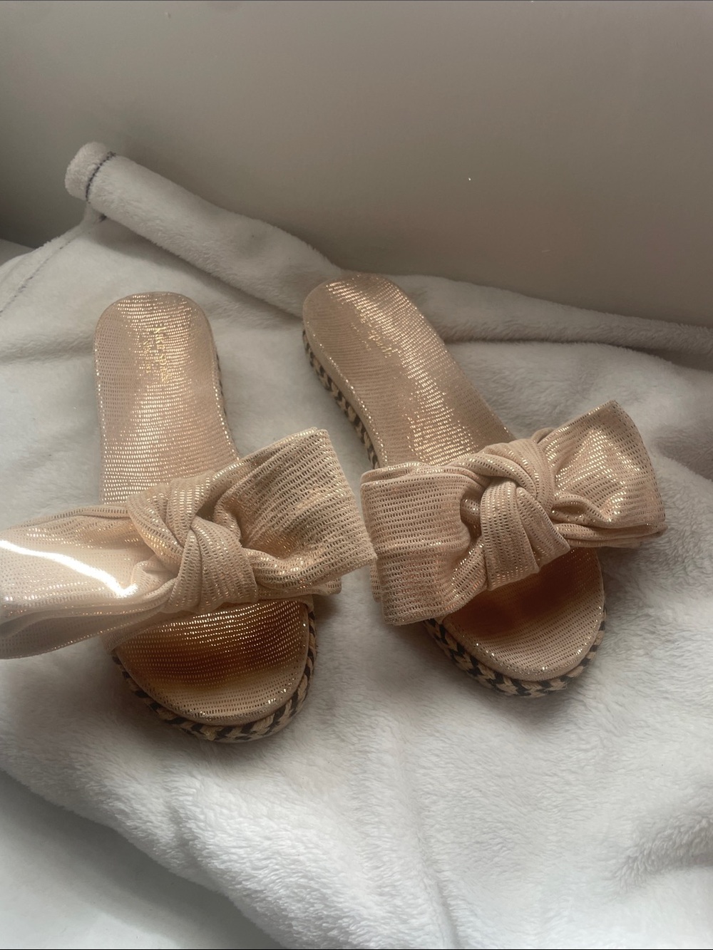 kate spade Metallic Beige Bow Slide Sandals